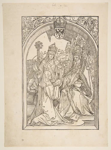 Rosvitha Presenting the Comedies to the Emperor Otto I, from the opera "Hrosvita" by Albrecht Dürer, print, 1501