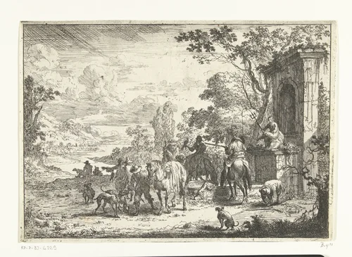 Rustende jagers bij een Neptunusfontein by Pieter Bout, print, 1664-1719