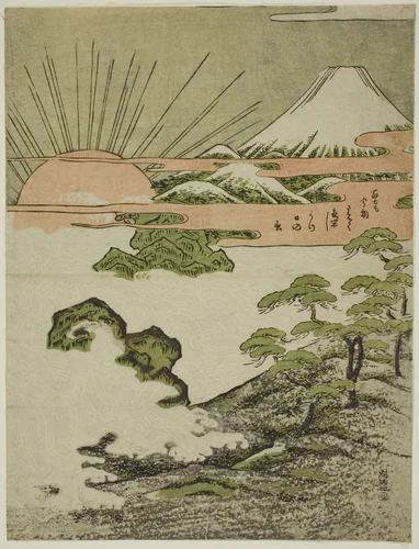 View of Mount Fuji at sunrise on New Year's Day by Isoda Koryusai, print, 1767-1777