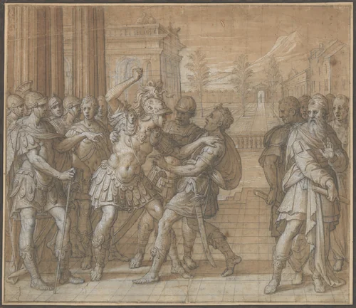 Coriolanus Vows Eternal Hatred to Rome by Henri Lérambert, drawing, 1560-1609