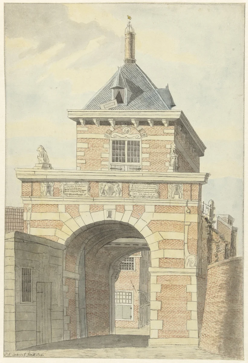 Gezicht op de oude Vriesche Poort te Alkmaar by Jacobus Andreas Crescent, drawing, 1802