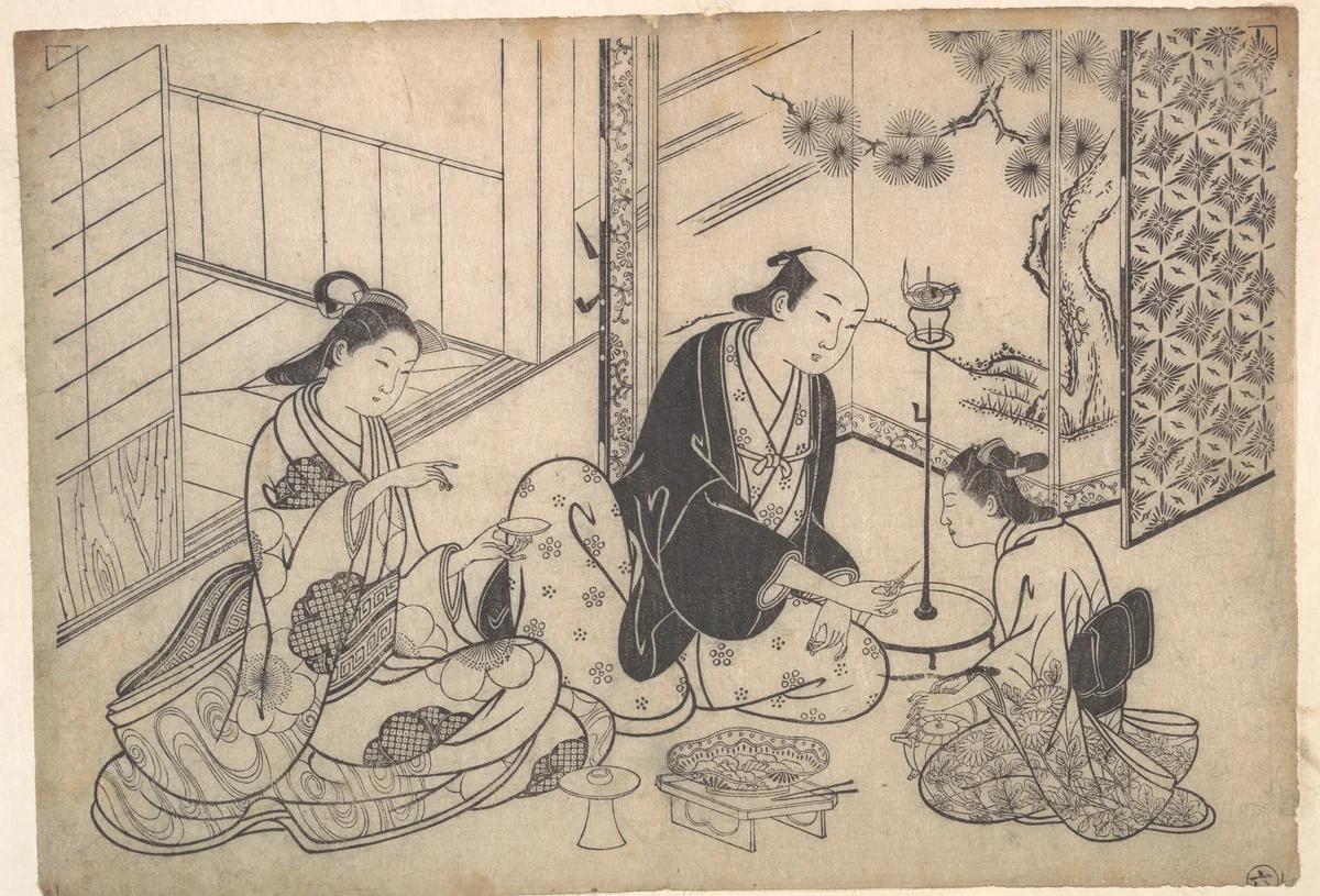 Interior, Three Figures: Sake Party by Hasegawa Mitsunobu, print, 1720-1740