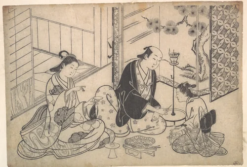 Interior, Three Figures: Sake Party by Hasegawa Mitsunobu, print, 1720-1740