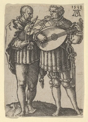 Two Musicians Playing the Violin and the Lute, from "The Small Wedding Dancers" by Heinrich Aldegrever, print, 1538