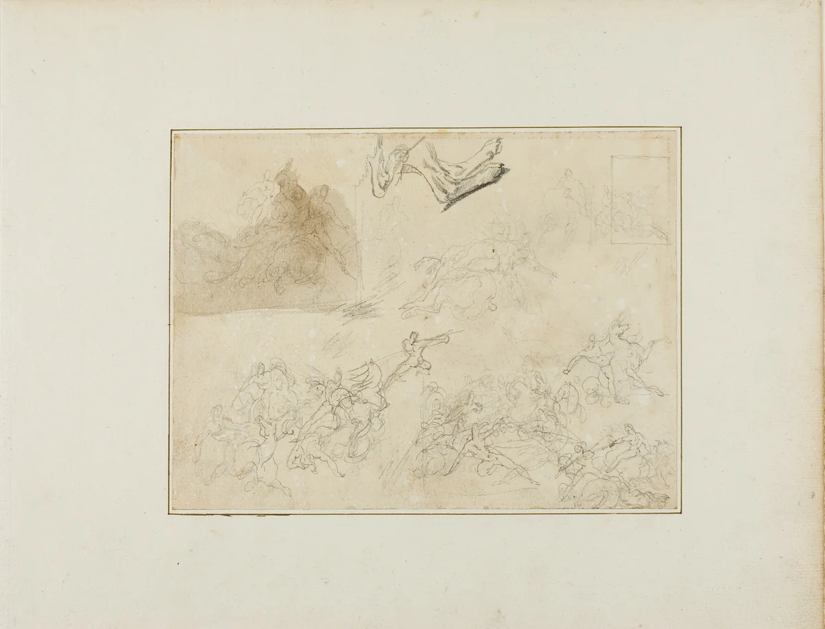 Sketches for a Cavalry Battle; the Hind Legs of a Dog by Jean Louis André Théodore Géricault, drawing, 1813-1814