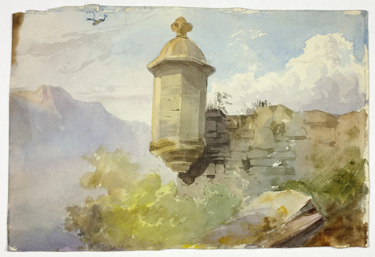 Domed Lookout on Wall in Mountain Landscape (recto); Figures Crossing Bridge before Mountain (verso) by Unknown Artist, painting, 1800-1899