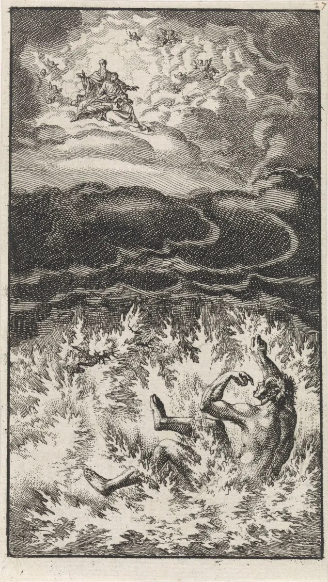Lazarus in Abrahams schoot en de rijke man in de hel by Jan Luyken, print, 1712