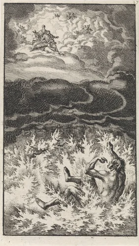 Lazarus in Abrahams schoot en de rijke man in de hel by Jan Luyken, print, 1712