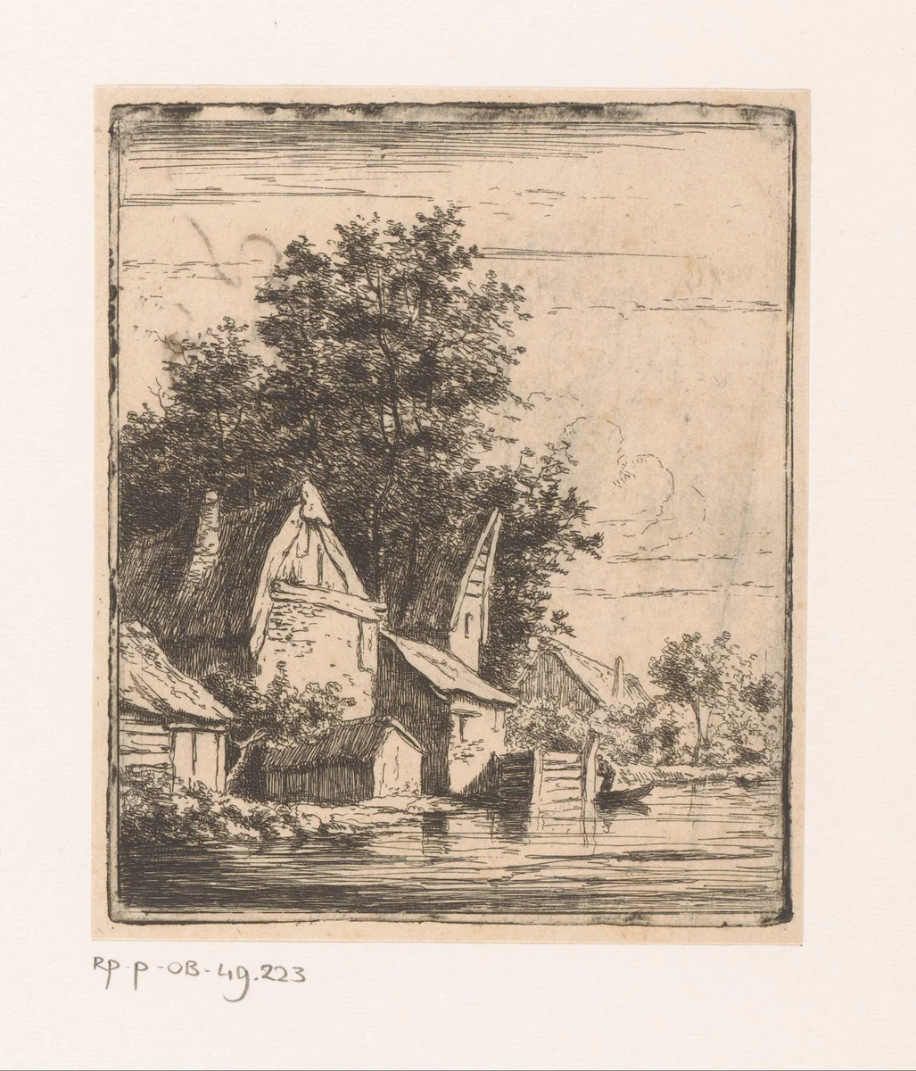 Kleine gebouwen aan het water by Jean Théodore Joseph Linnig, print, 1847