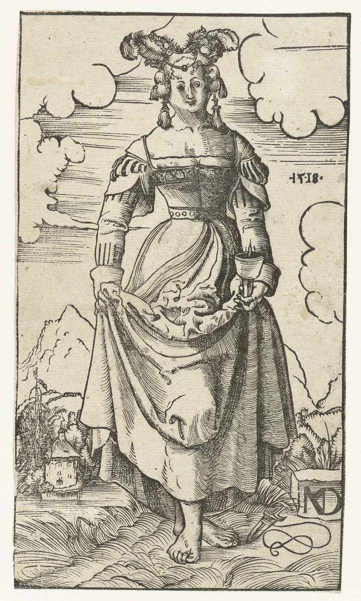Wijze maagd met brandende olielamp in landschap by Unknown, print, 1518