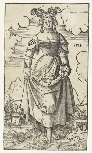 Wijze maagd met brandende olielamp in landschap by Unknown, print, 1518