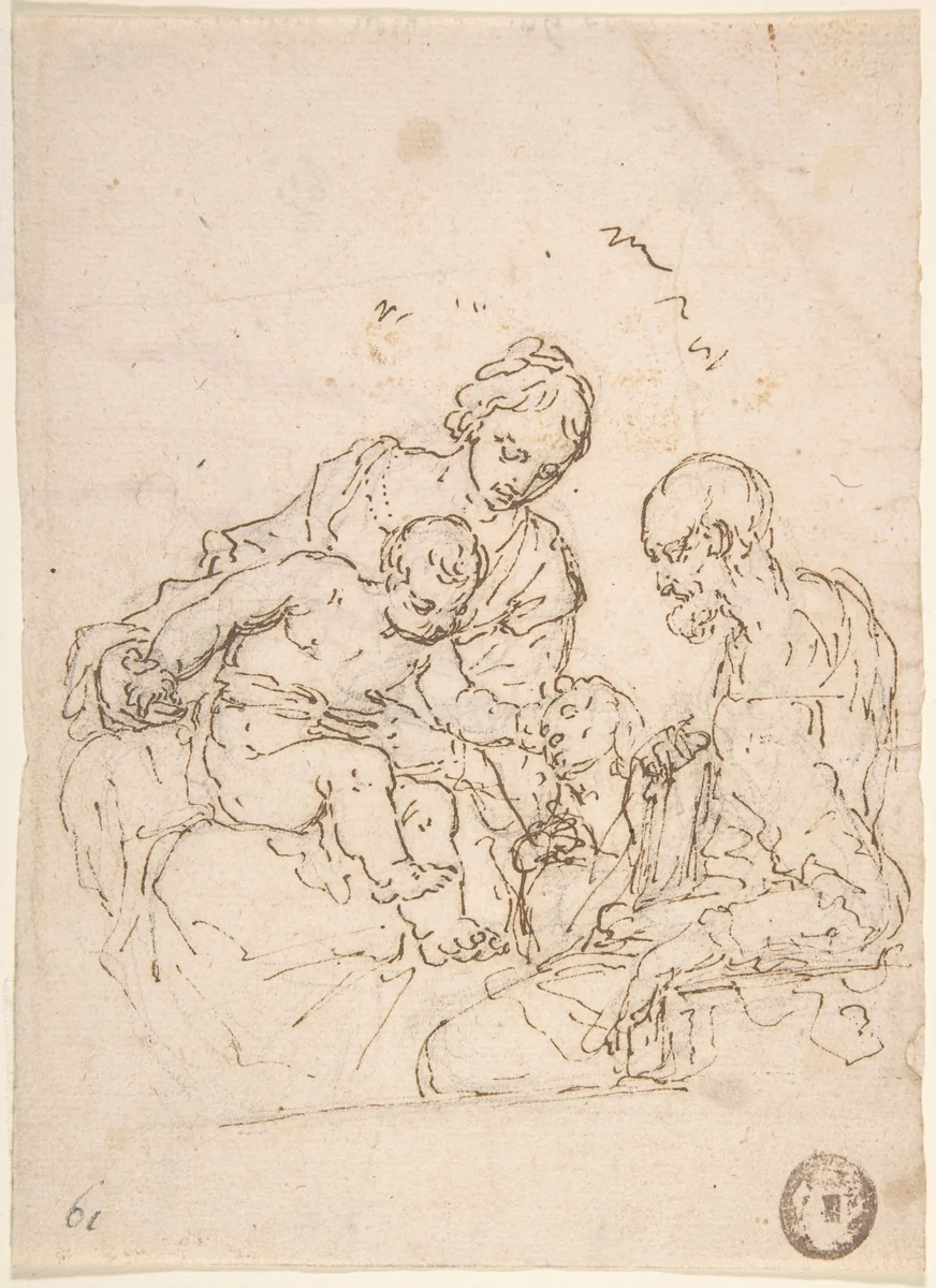 Holy Family with St. John the Baptist (recto); Study of a Foot (verso) by anonymous, drawing, 1600-1699