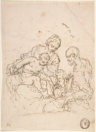 Holy Family with St. John the Baptist (recto); Study of a Foot (verso) by anonymous, drawing, 1600-1699