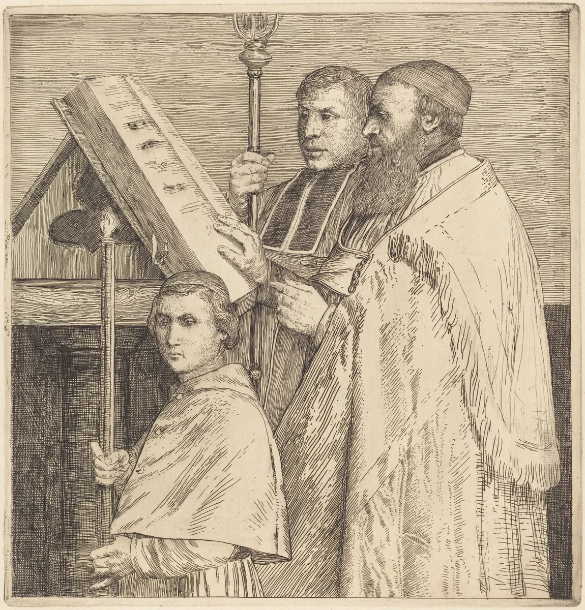 Choristers, 2nd plate (Le lutrin) by Alphonse Legros, print, 1837-1911