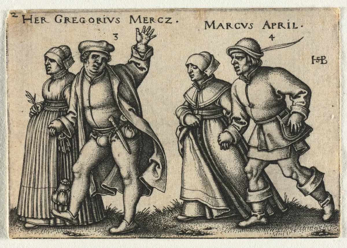 The Peasant Wedding or the Twelve Months: 3-Her Gregorius Mercz 4-Marcus April by Hans Sebald Beham, print, 1546