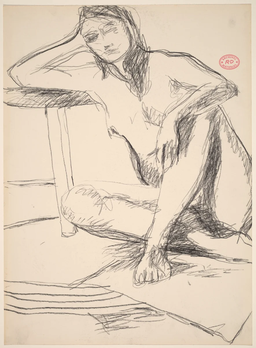Untitled [seated model leaning with her right arm on a stool] by Richard Diebenkorn, drawing, 1955-1967