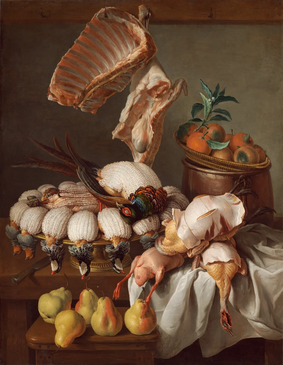 Still Life with Dressed Game, Meat, and Fruit by Alexandre-François Desportes, painting, 1734