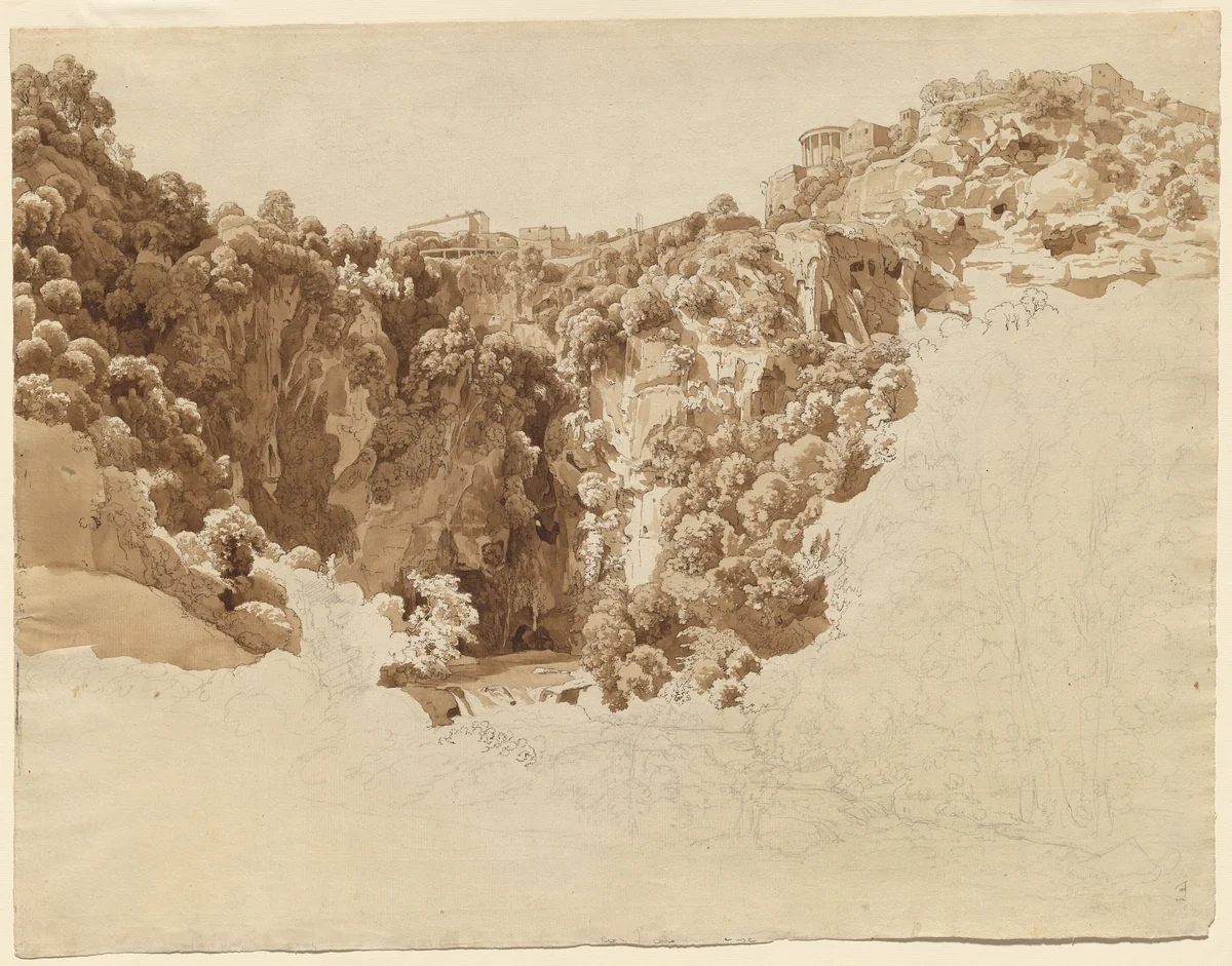 Tivoli and the Temple of the Sibyl above the Aniene Gorge by Johann Christian Reinhart, drawing, 1795-1805