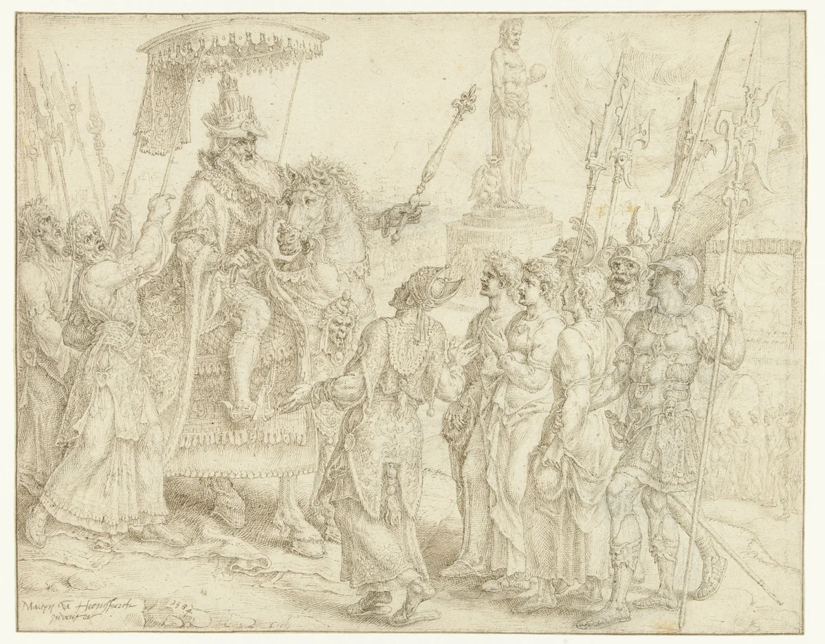 Aanklacht tegen de drie jongelingen Sadrach, Mesach en Abed-nego by Maarten van Heemskerck, drawing, 1564