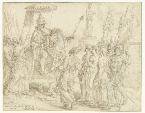 Aanklacht tegen de drie jongelingen Sadrach, Mesach en Abed-nego by Maarten van Heemskerck, drawing, 1564