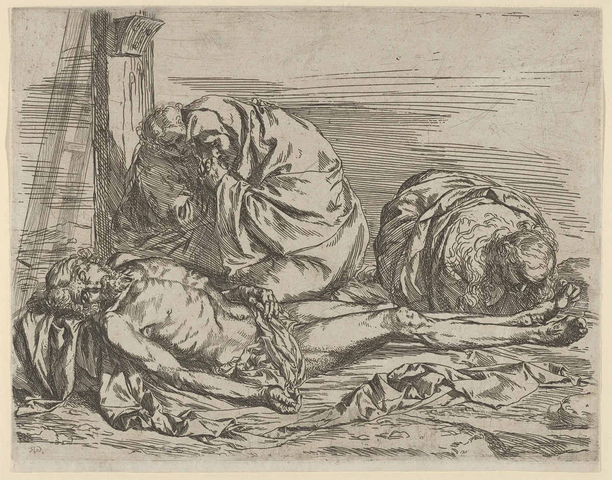 The Virgin, Saint John the Baptist, and Mary Magdalene weeping over Christ's dead body by Jusepe de Ribera, print, 1624