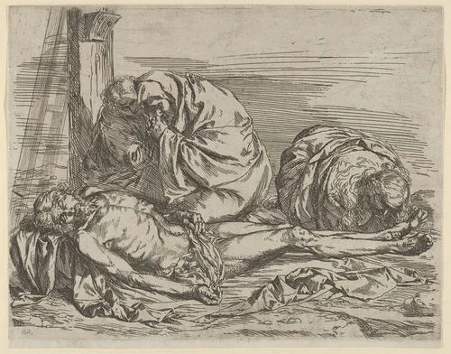 The Virgin, Saint John the Baptist, and Mary Magdalene weeping over Christ's dead body by Jusepe de Ribera, print, 1624