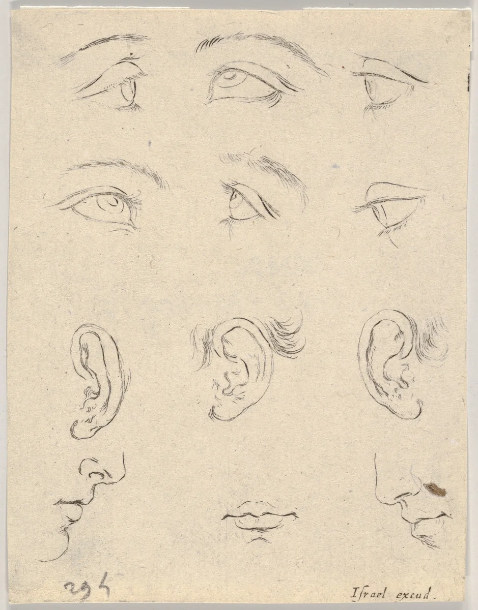 Plate 3: Six eyes, three ears, two profiles, and a mouth, from "The Book for Learning to Draw" (Livre pour apprendre à dessiner) by Stefano della Bella, print, 1647-1652