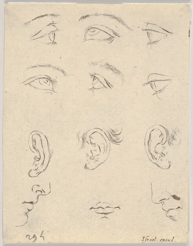 Plate 3: Six eyes, three ears, two profiles, and a mouth, from "The Book for Learning to Draw" (Livre pour apprendre à dessiner) by Stefano della Bella, print, 1647-1652