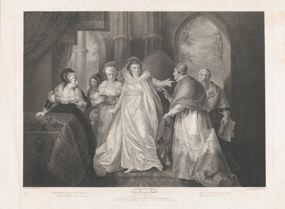 Queen Catherine, Cardinal Wolsey and Cardinal Campeius (Shakespeare, King Henry VIII, Act 3, Scene 1) by Robert Thew, print, 1796-1852