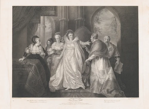 Queen Catherine, Cardinal Wolsey and Cardinal Campeius (Shakespeare, King Henry VIII, Act 3, Scene 1) by Robert Thew, print, 1796-1852