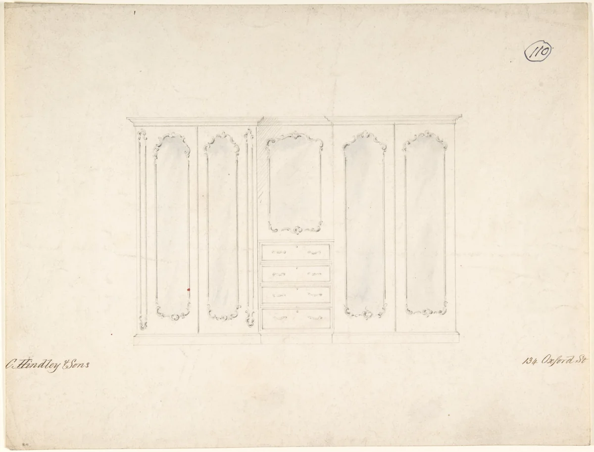 Design for Armoire with Mirrors by Charles Hindley and Sons, drawing, 1841-1884