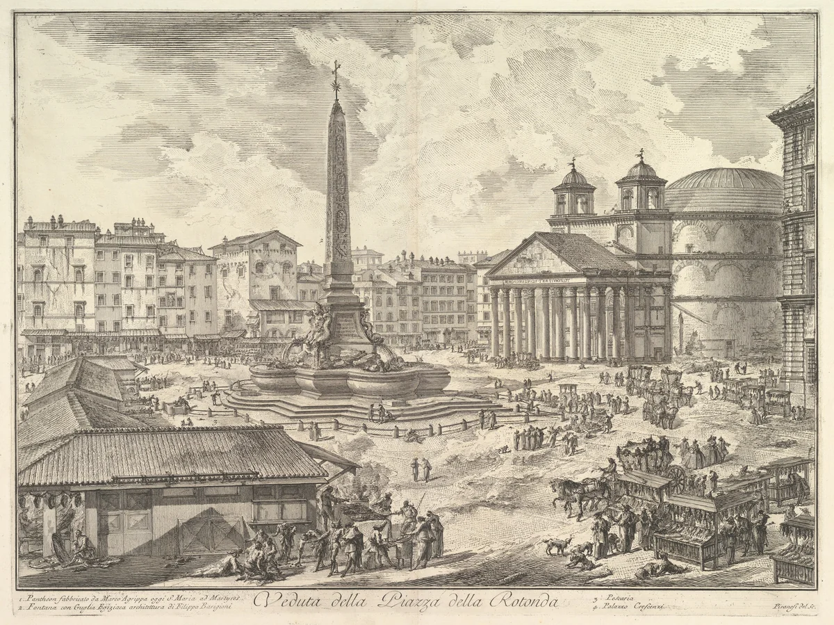 The Piazza della Rotonda, with the Pantheon and Obelisk (Veduta della Piazza della Rotonda), from "Vedute di Roma" by Giovanni Battista Piranesi, print, 1746-1756