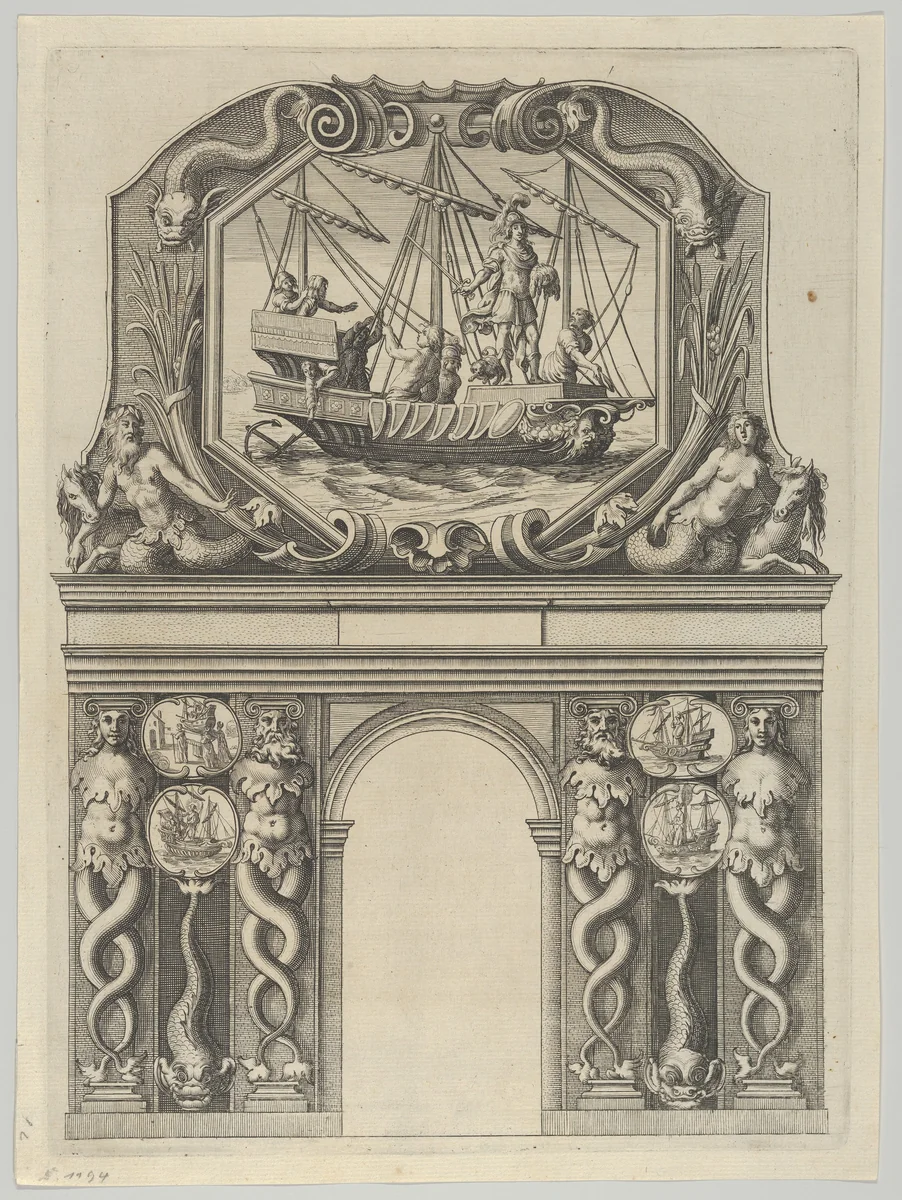 Triumphal arch, from 'Éloges et discours sur la triomphante réception du Roy en sa ville de Paris ...' by Jean-Baptiste de Machault by Melchior Tavernier, print, 1629