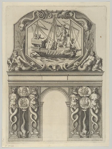 Triumphal arch, from 'Éloges et discours sur la triomphante réception du Roy en sa ville de Paris ...' by Jean-Baptiste de Machault by Melchior Tavernier, print, 1629