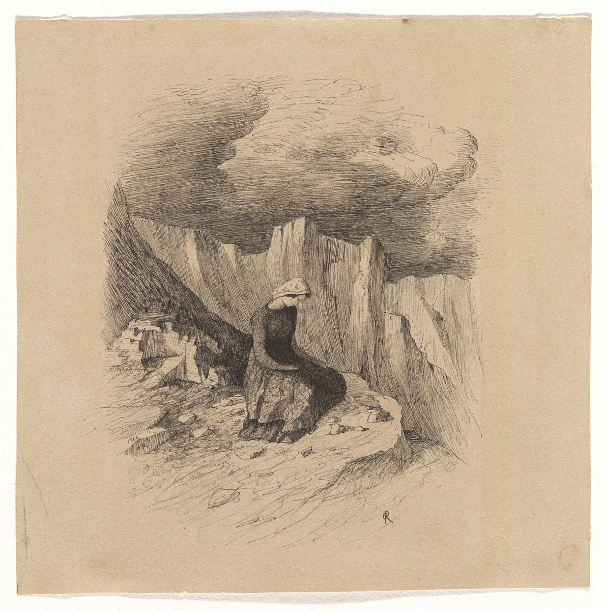 Seated Woman Surrounded by Cliffs by Odilon Redon, drawing, 1866
