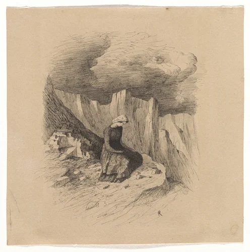 Seated Woman Surrounded by Cliffs by Odilon Redon, drawing, 1866