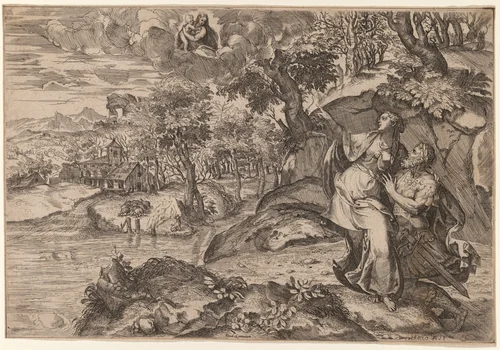 Augustus and the Tiburtine Sibyl by Marco Angolo del Moro, print, 1570-1579