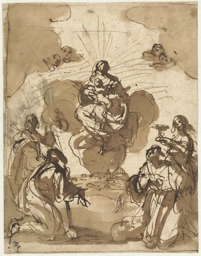 Vier heiligen aanbidden Maria by Jacopo da Empoli, drawing, 1564-1640