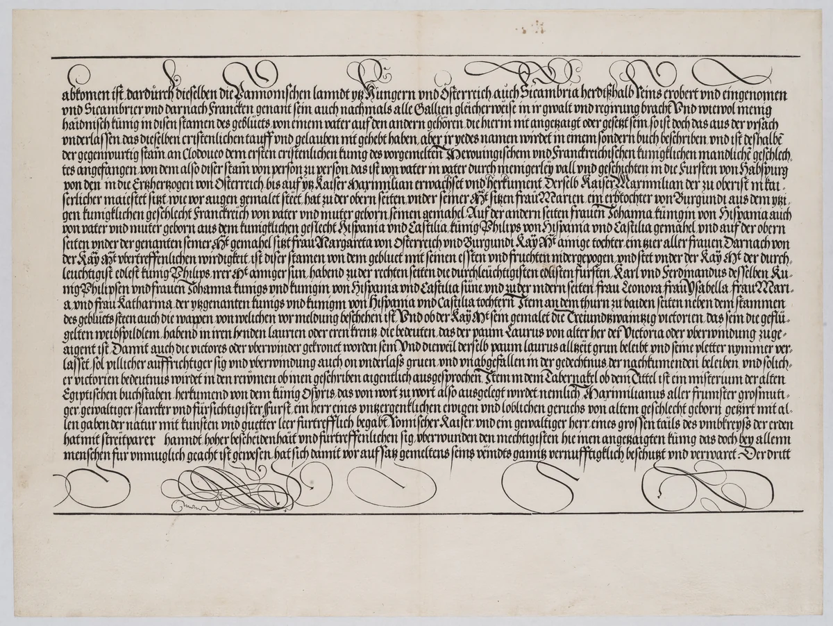 Explanatory Text, Part II, from the Arch of Honor, proof, dated 1515, printed 1517-18 by Hieronymus Andreae, print, 1515