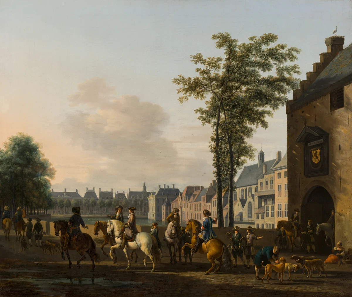 A Hunting Party near the Hofvijver in The Hague, seen from the Plaats by Gerrit Adriaensz Berckheyde, painting, 1690