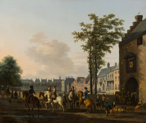A Hunting Party near the Hofvijver in The Hague, seen from the Plaats by Gerrit Adriaensz Berckheyde, painting, 1690