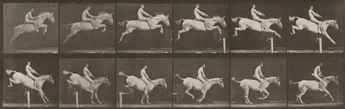 Plate Number 643. "Pandora" jumping a hurdle, bareback, clearing and landing; rider nude by Eadweard Muybridge, photograph, 1887