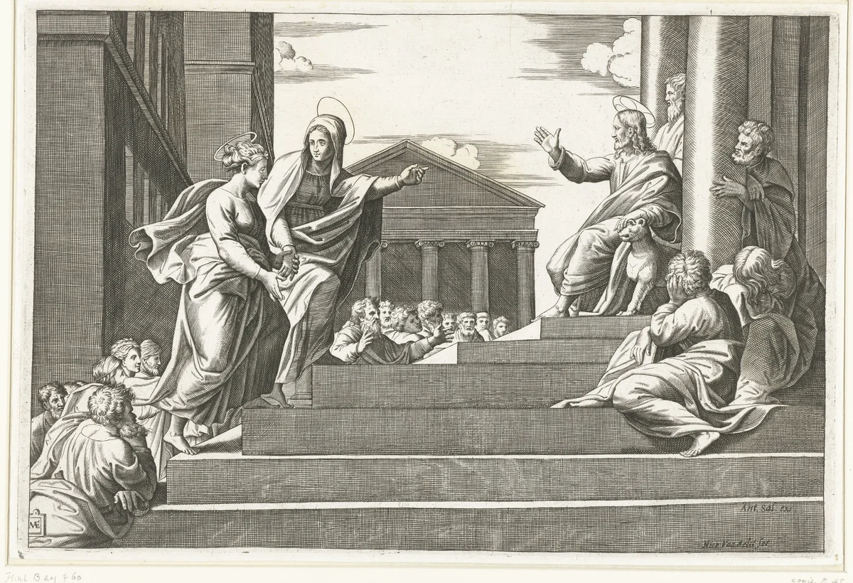 Marta leidt Maria Magdalena naar prekende Christus by anonymous, print, 1518-1562