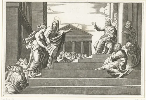 Marta leidt Maria Magdalena naar prekende Christus by anonymous, print, 1518-1562