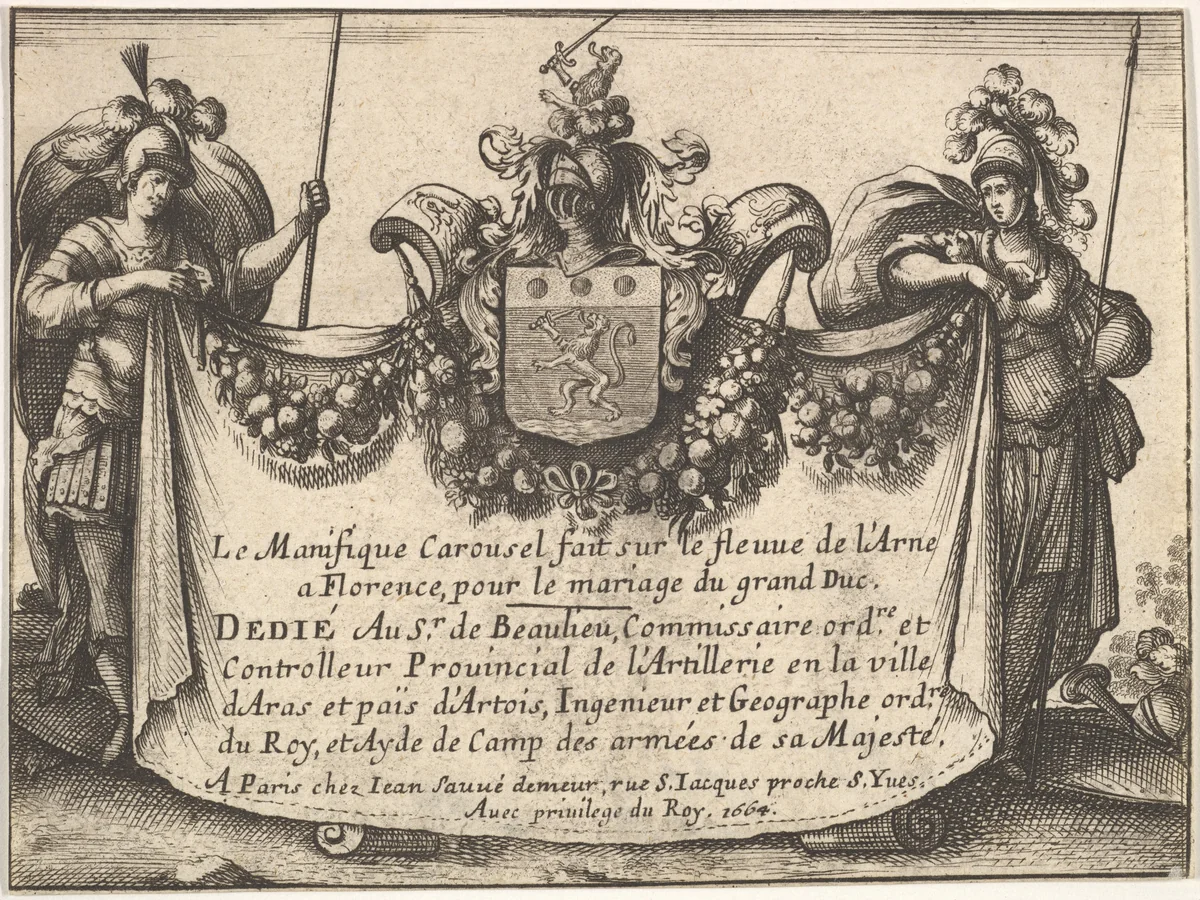 Title page from "The magnificent pageant on the Arno in Florence for the marriage of the Grand Duke" (Le Magnifique carousel fait sur le fleuve de l'Arne a Florence, pour le mariage du Grand Duc) by anonymous, print, 1664