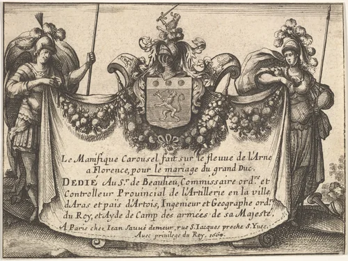 Title page from "The magnificent pageant on the Arno in Florence for the marriage of the Grand Duke" (Le Magnifique carousel fait sur le fleuve de l'Arne a Florence, pour le mariage du Grand Duc) by anonymous, print, 1664