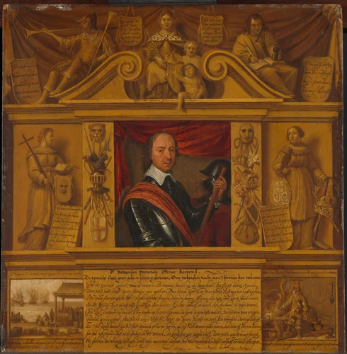 Portrait of Oliver Cromwell, in a Frame with Allegorical Figures and Historical Representations by anonymous, painting, 1650