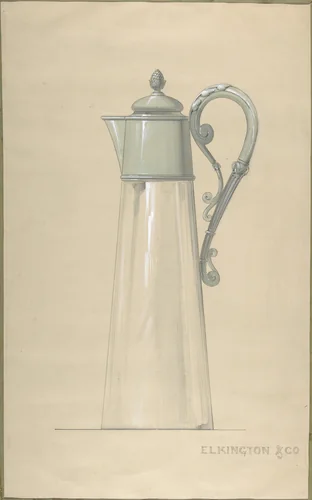 Design for a Lidded Crystal and Silver-Plated Water Pitcher or Claret Jug by Elkington & Co., drawing, 1890-1910