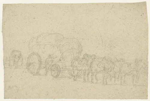 Zes span paarden voor een hoog opgeladen vrachtwagen by Georges Michel, drawing, 1773-1843