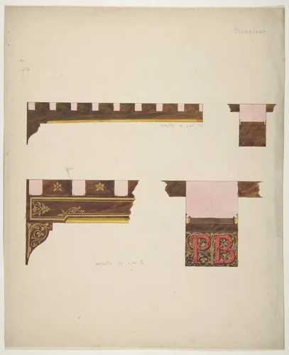 Designs for the painted decoration of ceiling timbers monogrammed "PB" by Jules-Edmond-Charles Lachaise, drawing, 1850-1900